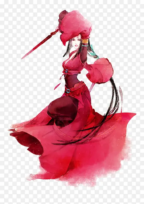 彩绘立绘红色衣服拔剑女子