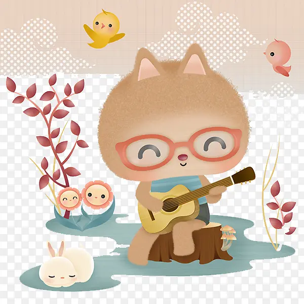 手绘弹吉他的小猫咪