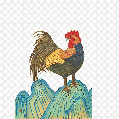 山峰上的公鸡手绘画素材图片