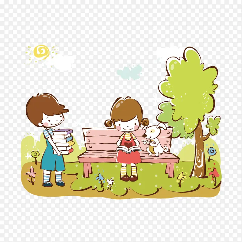 矢量卡通树和小孩