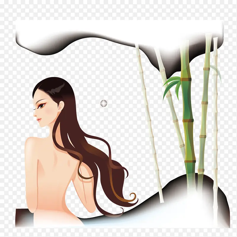 漏背的美女和竹子