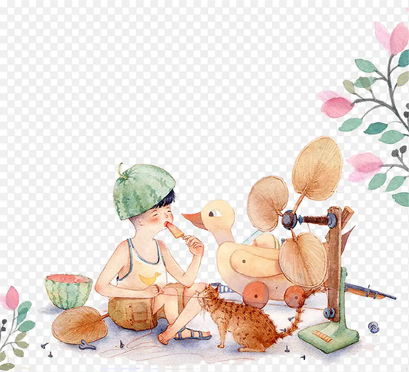 手绘夏季清凉插画免抠
