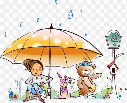 手绘漫画雨天人物雨伞
