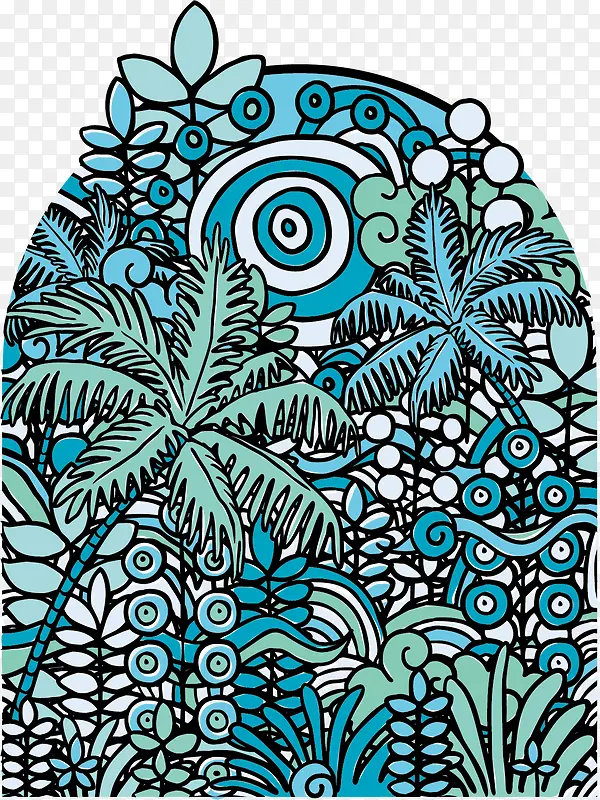 蓝绿手绘装饰树林景色图案