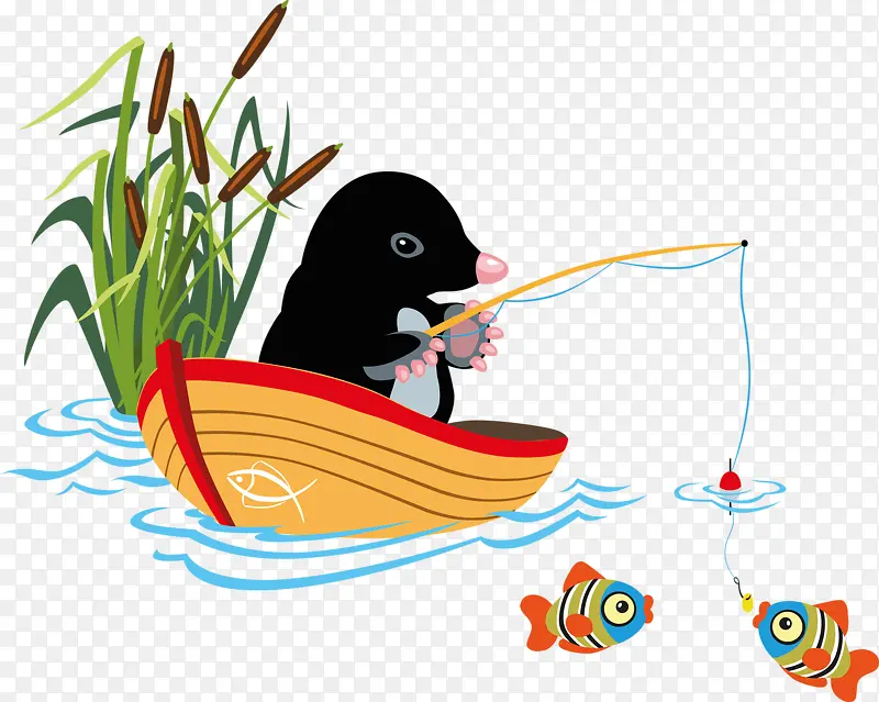 卡通企鹅钓鱼飘落