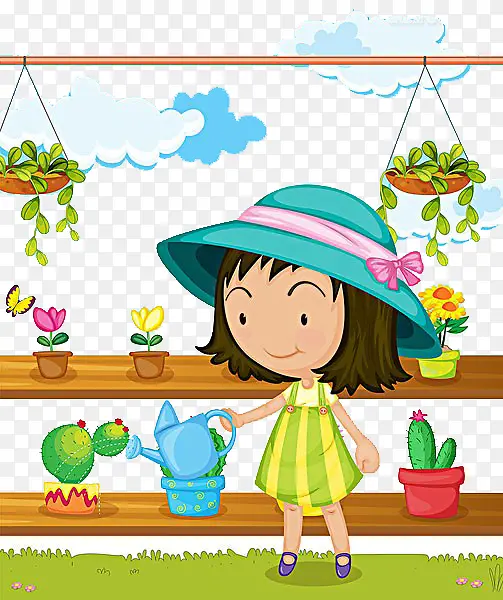孩子浇灌各种植物