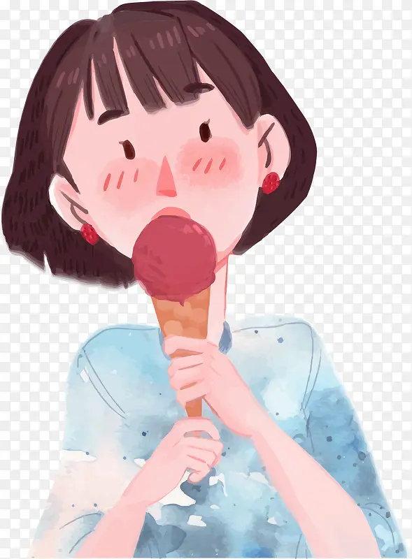 矢量手绘卡吃冰激凌的女孩