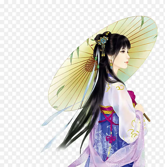 手绘古风花折伞蓝衣女子