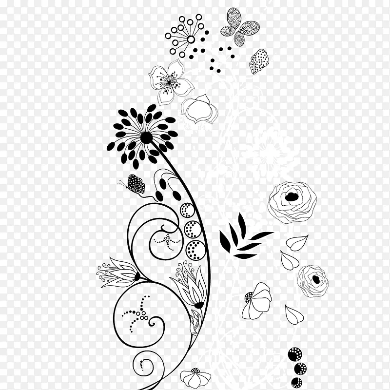手绘线描花卉装饰矢量图
