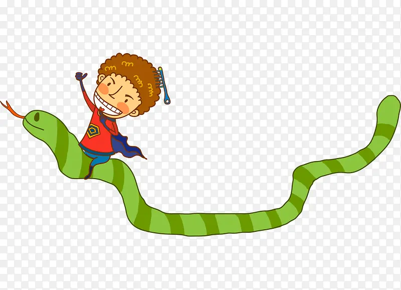 卡通手绘骑绿色蛇小男孩