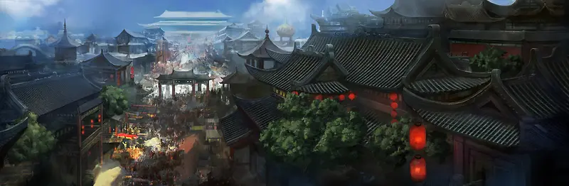 暮光屋檐灯笼古城