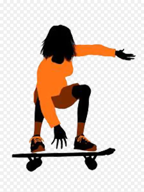 穿橙色衣服玩滑板的女人剪影