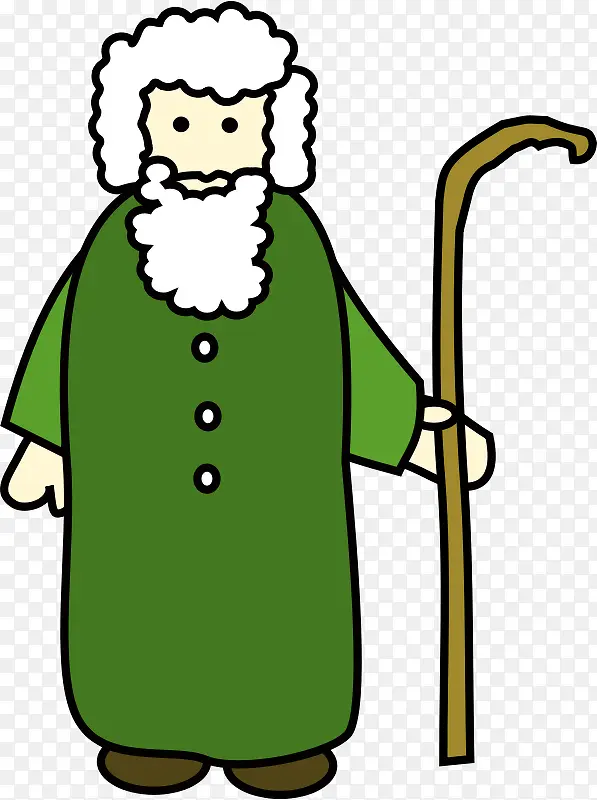 绿色衣服主拐杖的白胡子老爷爷
