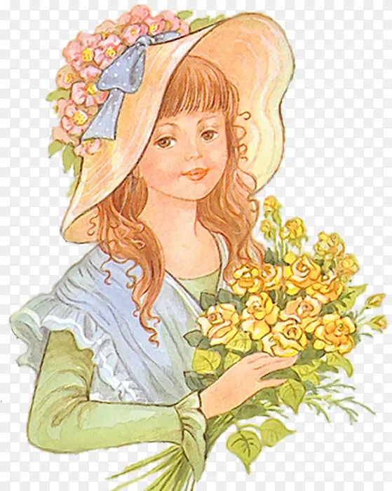 手绘抱着一束鲜花的小女孩