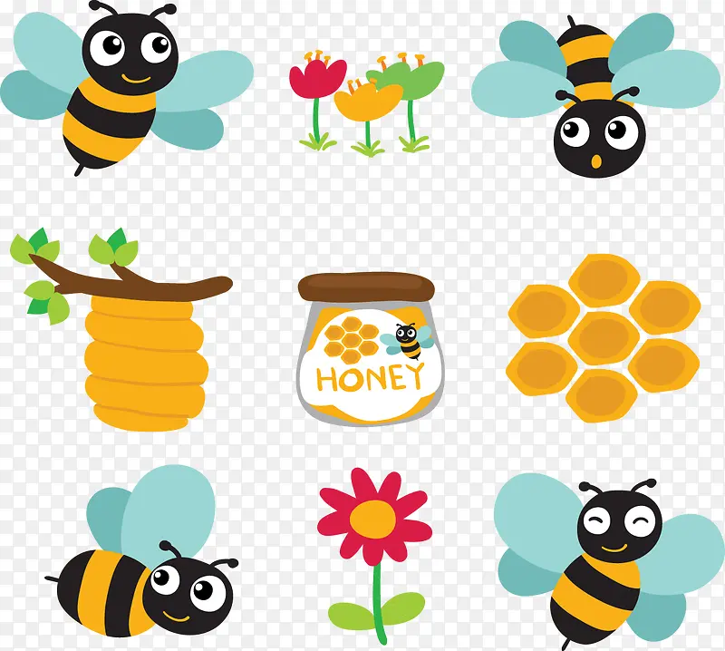 矢量手绘卡通蜜蜂和蜂蜜