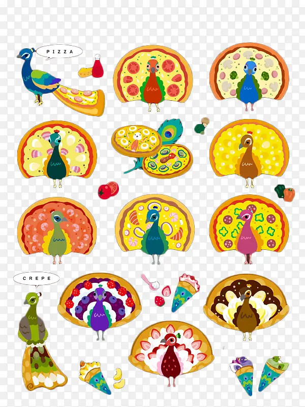 手绘各种孔雀形状的披萨