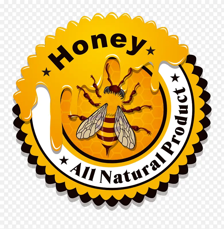 矢量蜜蜂黄英文标签圆形印章贴纸