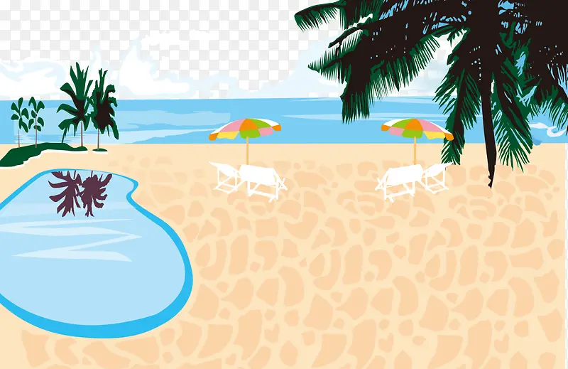 卡通手绘沙滩太阳伞椰树
