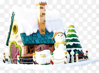 扁平手绘创意合成复古小房子建筑雪人