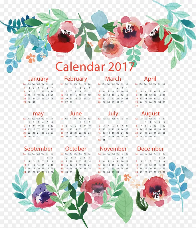 水彩花朵边框日历
