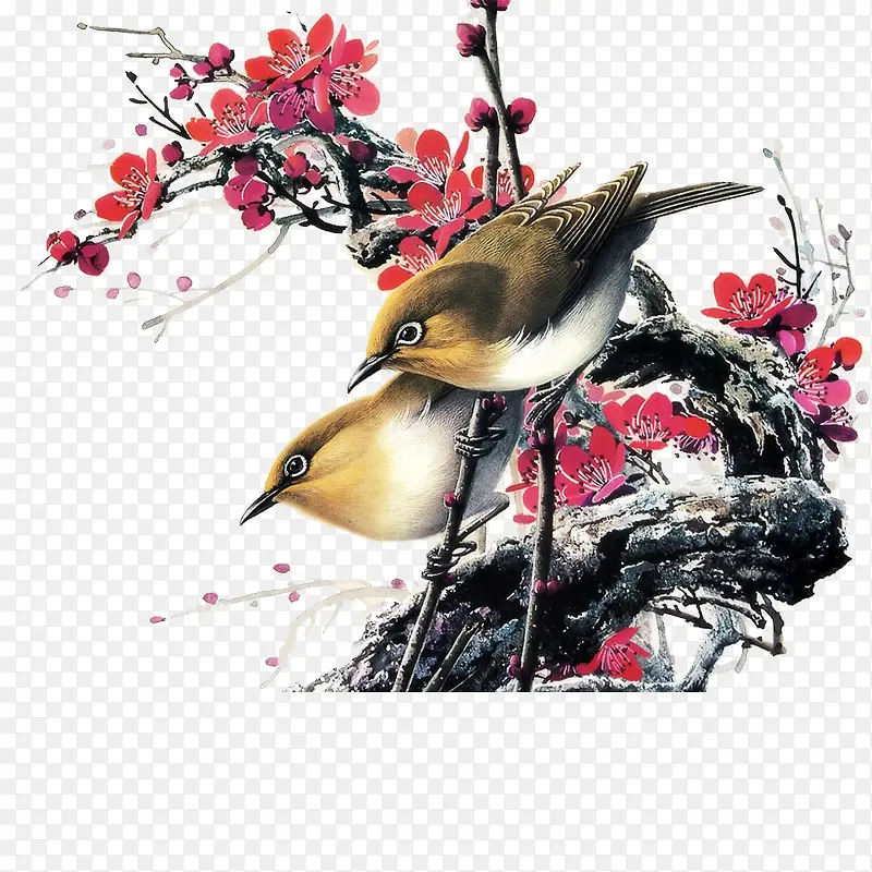 水彩中国风两只小鸟褐色树枝