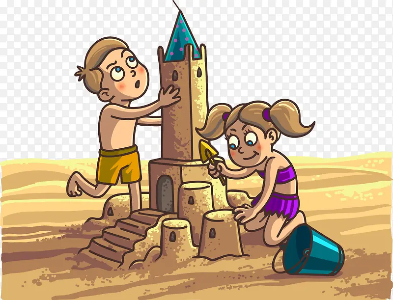 矢量沙滩素材小人卡通可爱城堡