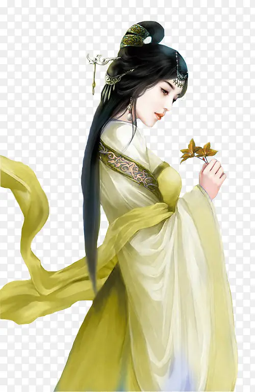 拿叶子的美女古风手绘