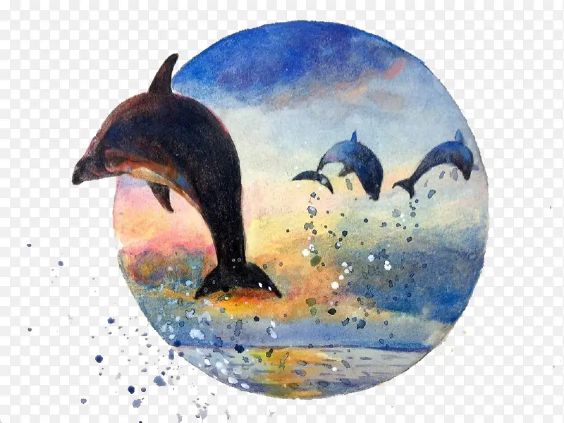 水彩海豚跳跃