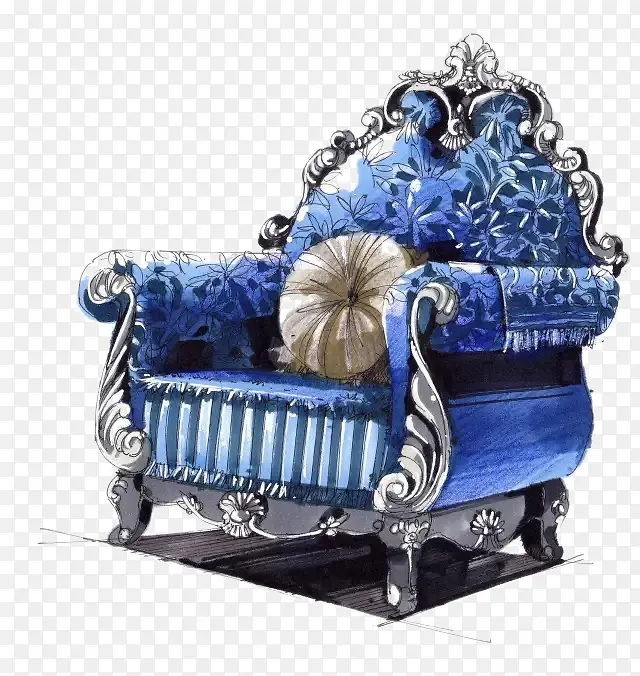 蓝色沙发座椅手绘