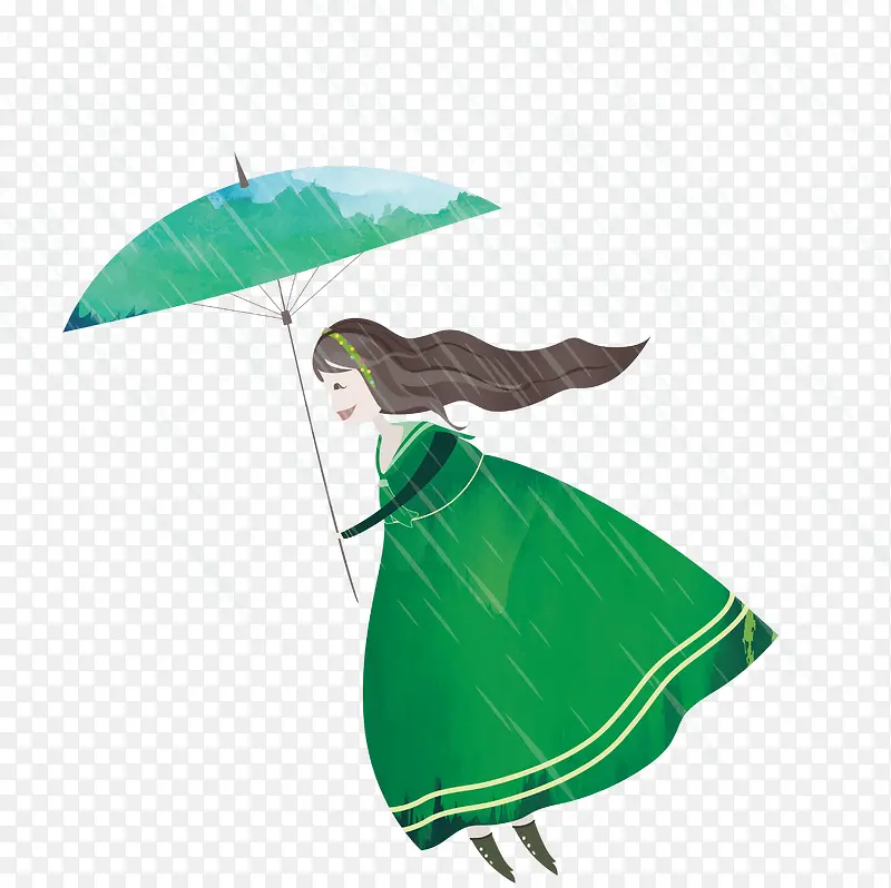 水彩绿色少女雨中拿着伞插图