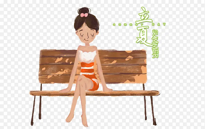 手绘立夏节气可爱插画女孩坐在木