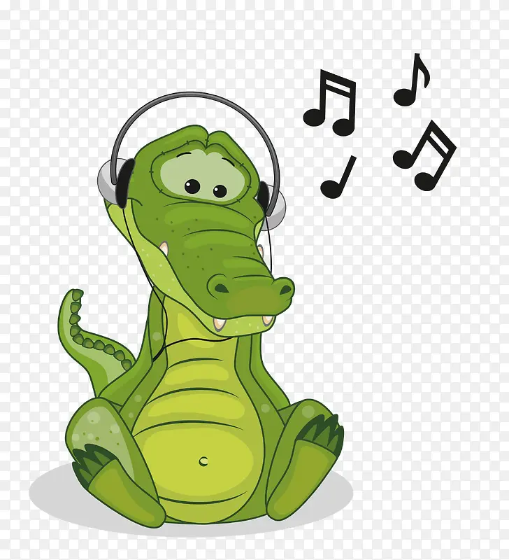 矢量卡通绿色鳄鱼听音乐素材