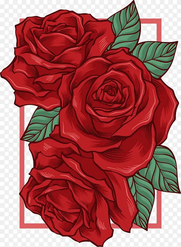 3朵红色手绘玫瑰花矢量素材