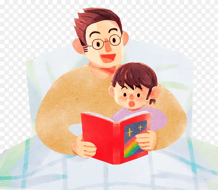 手绘亲子插画父亲节给孩子读书的