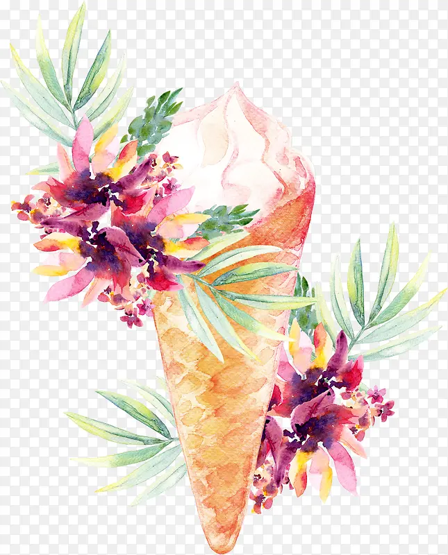 冰激淋雪糕和花朵手绘图