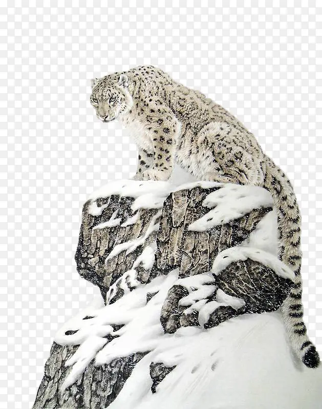 高山雪原上的雪豹国画作品