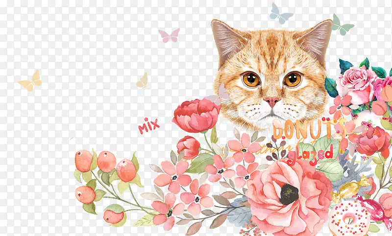花丛中的猫咪手绘卡通背景