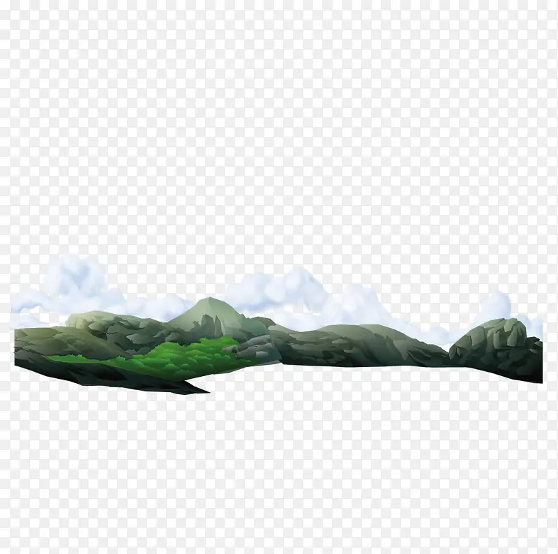 手绘插画场景绿山和雾
