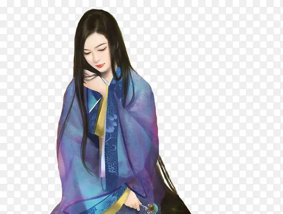 忧郁蓝衣女子古风手绘