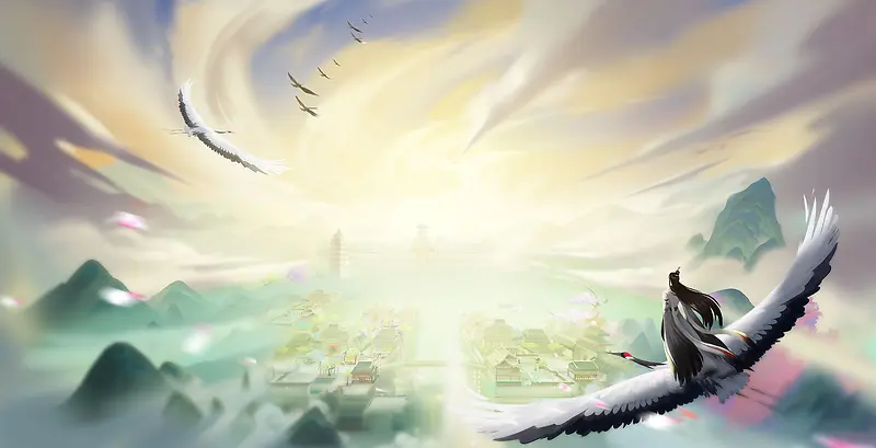 卡通中国风玄幻骑仙鹤的仙人海报背景