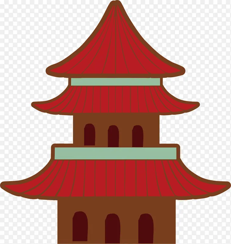 红色中国风卡通建筑