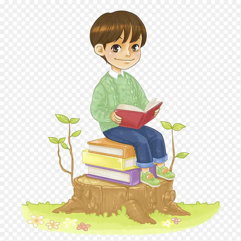 坐在书上看书的男孩