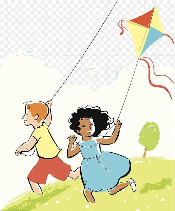 草地上放风筝的孩子们