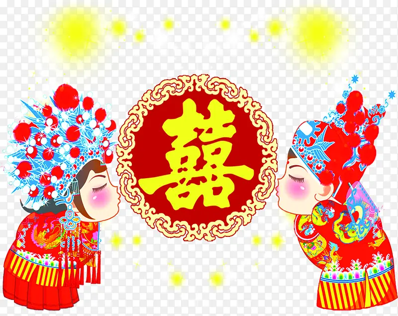 卡通中国风亲吻的夫妻婚礼