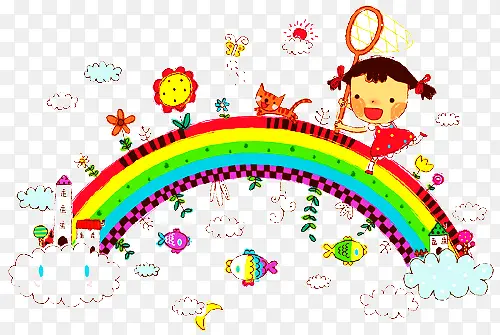 手绘彩虹上的小孩