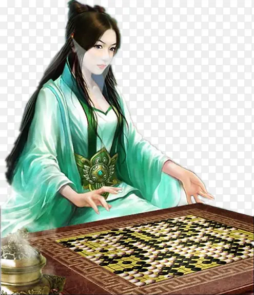 下棋的蒙面绿衣少女古风手绘