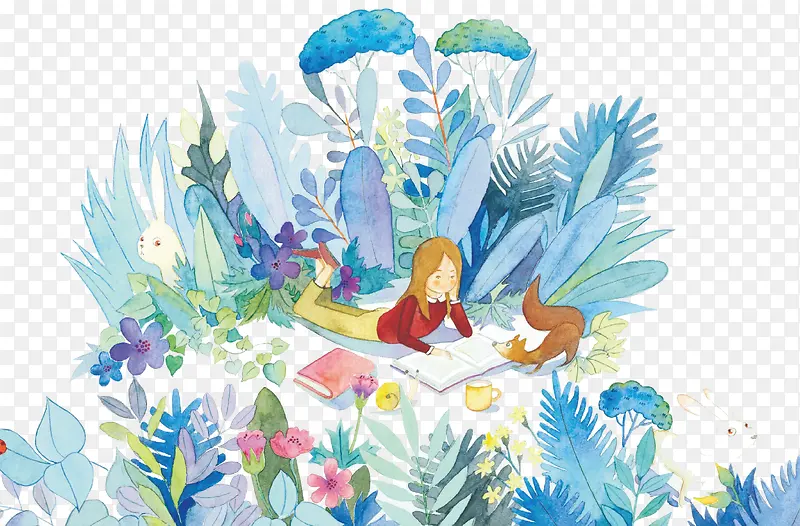 森林看书的小女孩