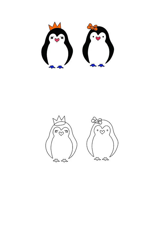 手绘几何线条企鹅情侣设计