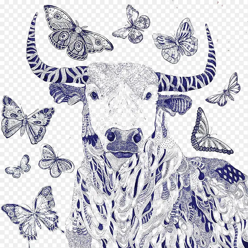 蓝色手绘牛和蝴蝶图案