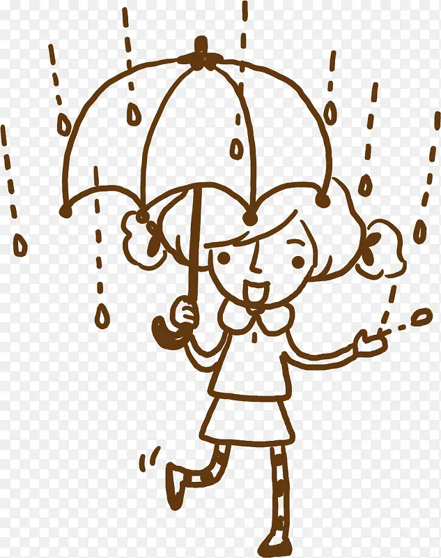 咖色手绘小女孩雨伞雨天